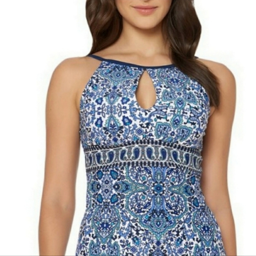 Ellen Tracy Women's Blue Paisley Spaghetti Strap Tankini Top Size:12
